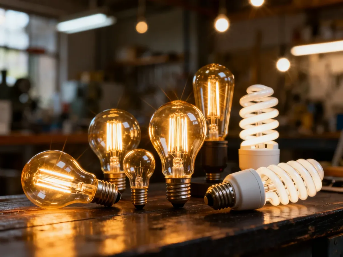 Różne rodzaje żarówek, w tym LED i dekoracyjne modele typu Edison, wyeksponowane na drewnianym blacie w ciepłym świetle.
