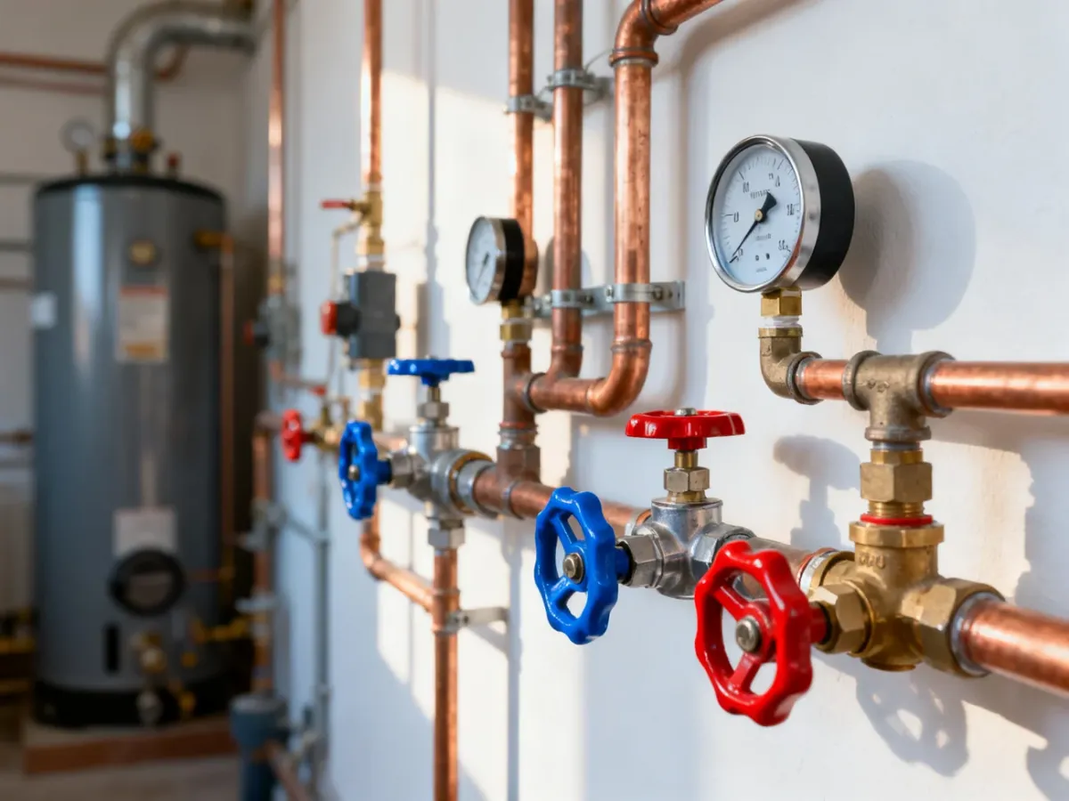 Schemat instalacji hydraulicznej z miedzianymi rurami, zaworami i manometrami łączącymi kocioł CO z bojlerem.