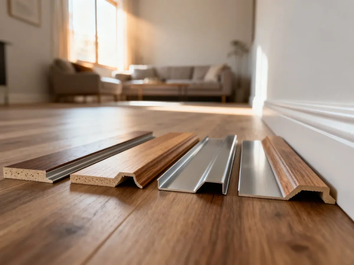 Próbki listew przypodłogowych z drewna, MDF i aluminium ułożone na podłodze w przytulnym, minimalistycznym wnętrzu.