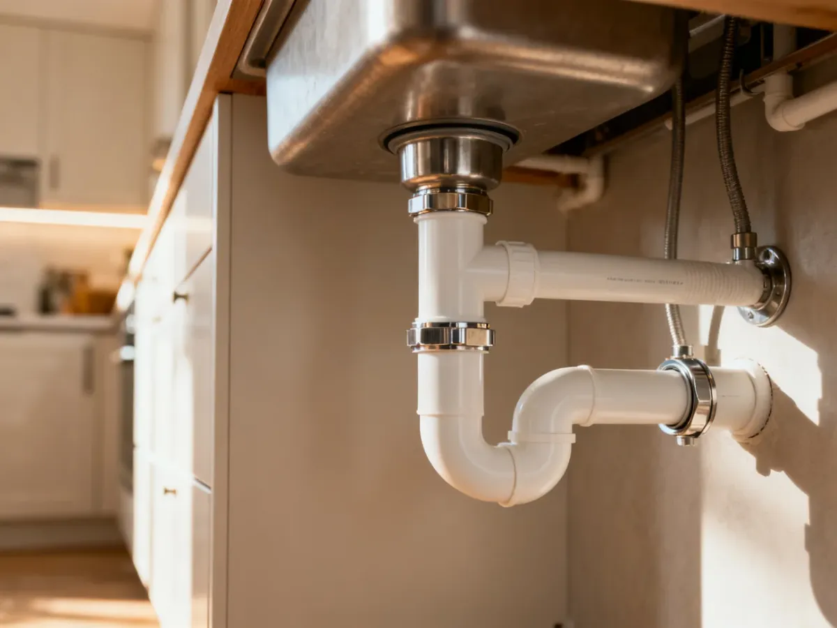 Nowoczesna instalacja hydrauliczna pod zlewem z wyraźnym połączeniem rur odpływowych przy ścianie.