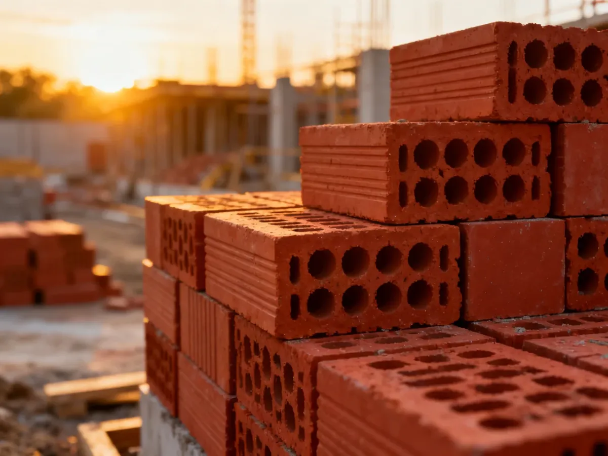 Stos czerwonych pustaków ceramicznych na placu budowy w świetle wschodzącego słońca.