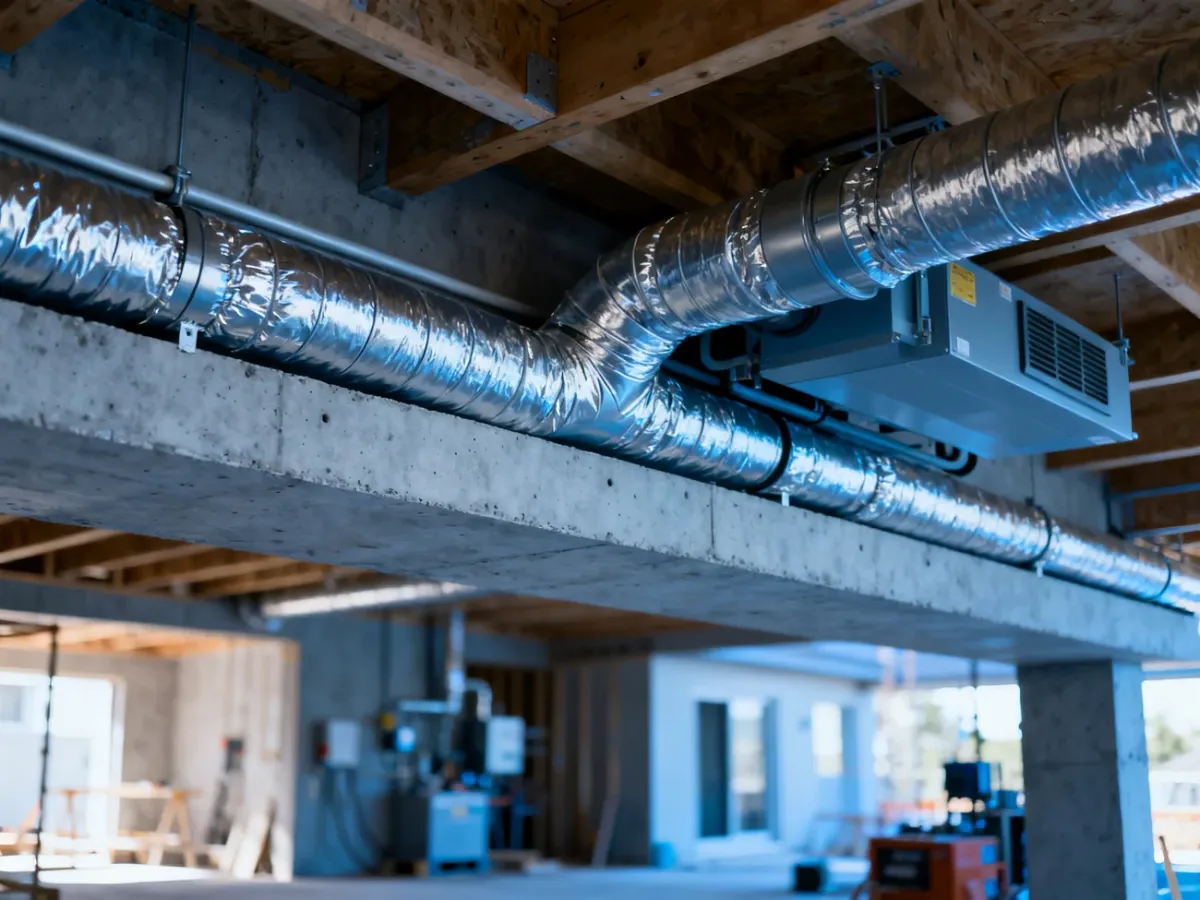 Instalacja przewodów wentylacyjnych systemu rekuperacji zamontowana na betonowym stropie w nowoczesnym budynku.