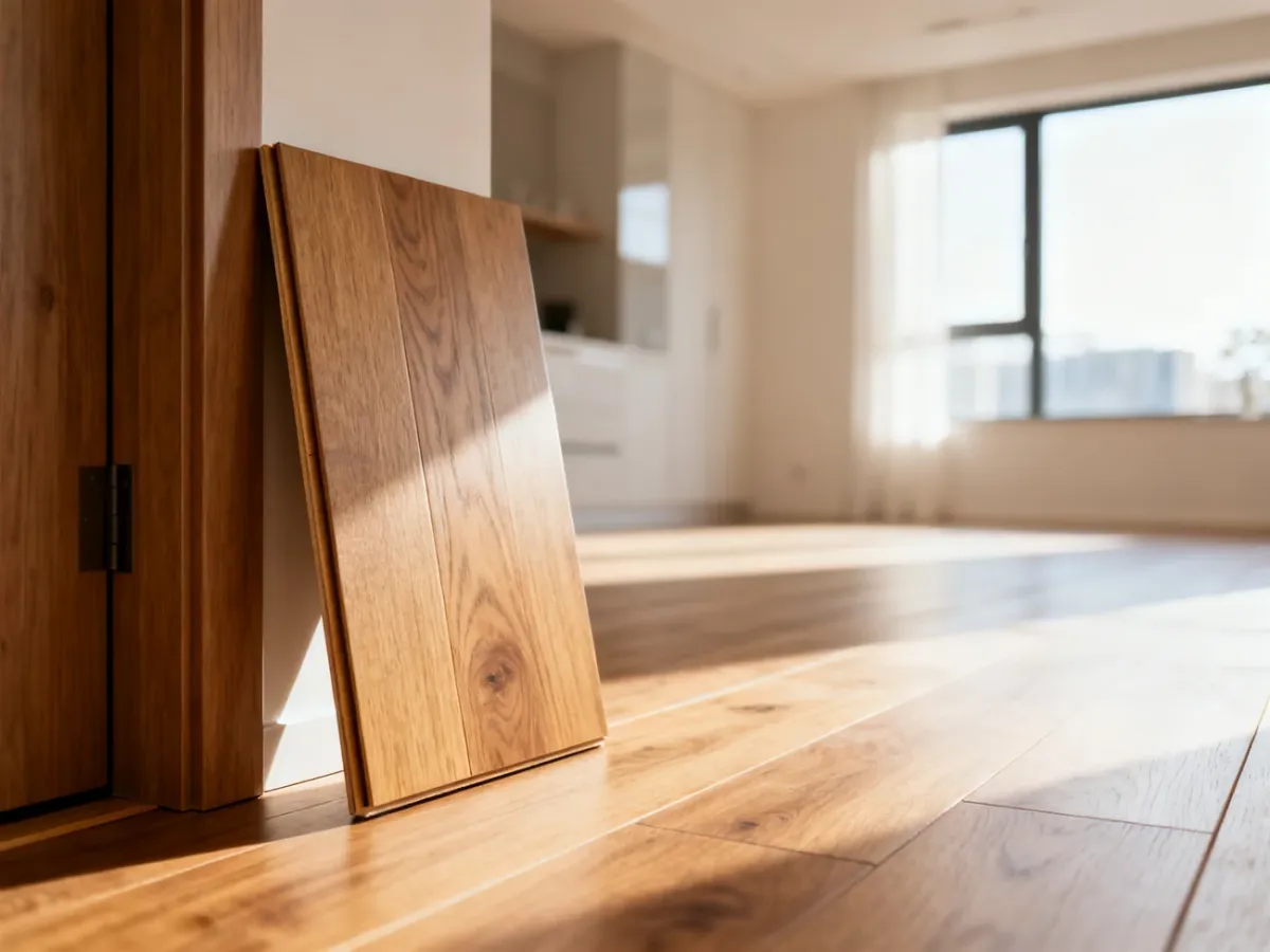 Drewniany panel podłogowy i ościeżnica drzwiowa na tle wykańczanego, słonecznego wnętrza apartamentu.