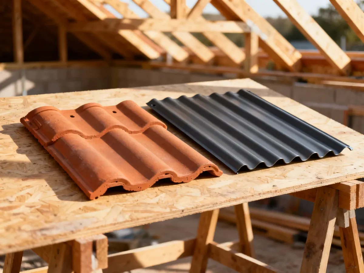Porównanie próbek dachówki ceramicznej i blachodachówki na tle konstrukcji dachu.