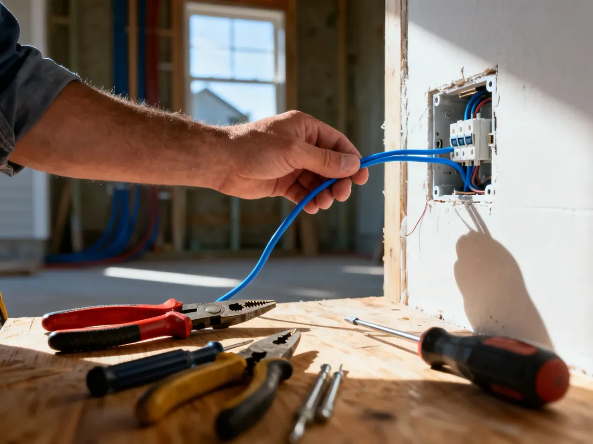 Dłoń elektryka podłączająca przewody w puszce instalacyjnej. Obok na stole leżą profesjonalne narzędzia montażowe.