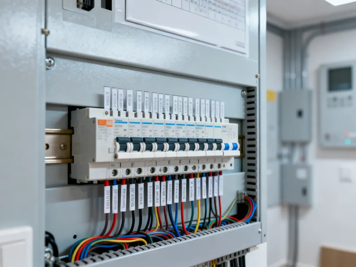 Nowoczesna rozdzielnica elektryczna z uporządkowanymi wyłącznikami i przewodami w pomieszczeniu gospodarczym.