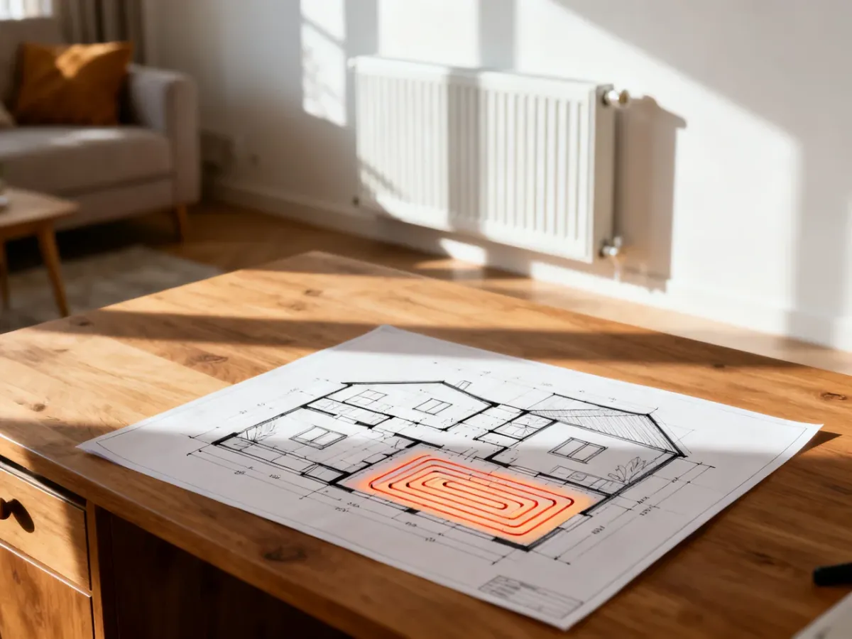 Projekt architektoniczny domu z zaznaczonymi strefami grzewczymi na drewnianym biurku w słonecznym wnętrzu.