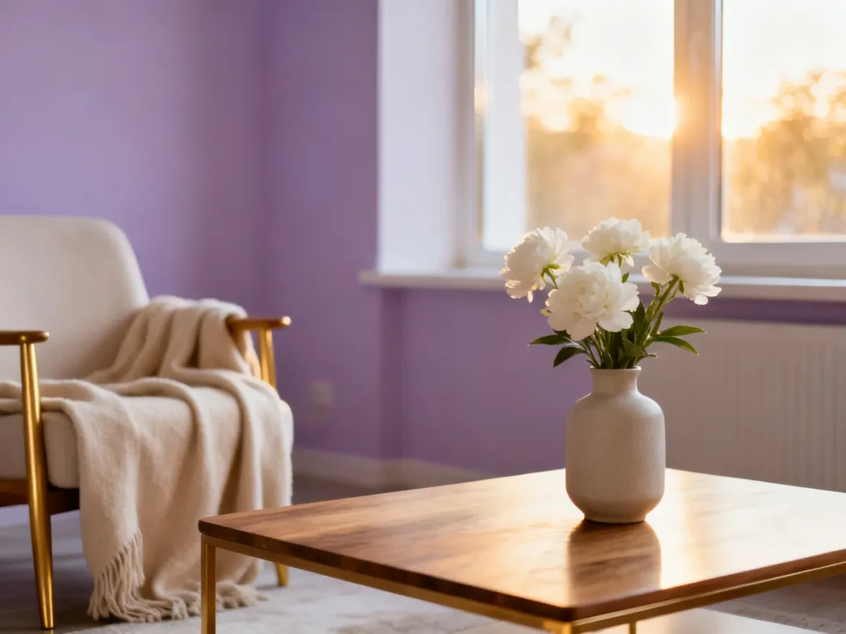 Przytulny salon z lawendowymi ścianami, drewnianym stolikiem kawowym, kwiatami i beżowymi dodatkami w ciepłym świetle słońca.
