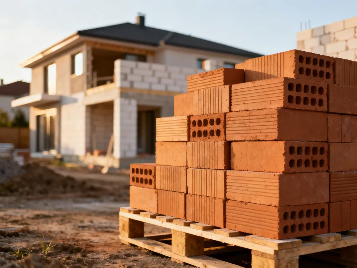 Pustaki ceramiczne na palecie na tle budowy domu, ilustrujące proces wznoszenia ścian w technologii murowanej.