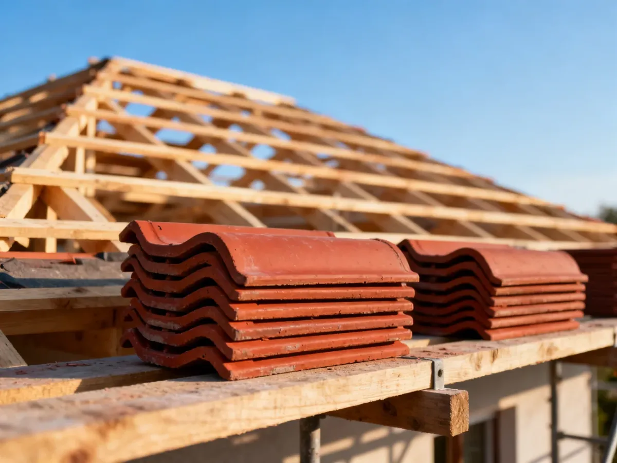 Stos dachówek ceramicznych przygotowany do montażu na konstrukcji dachu w słoneczny poranek.